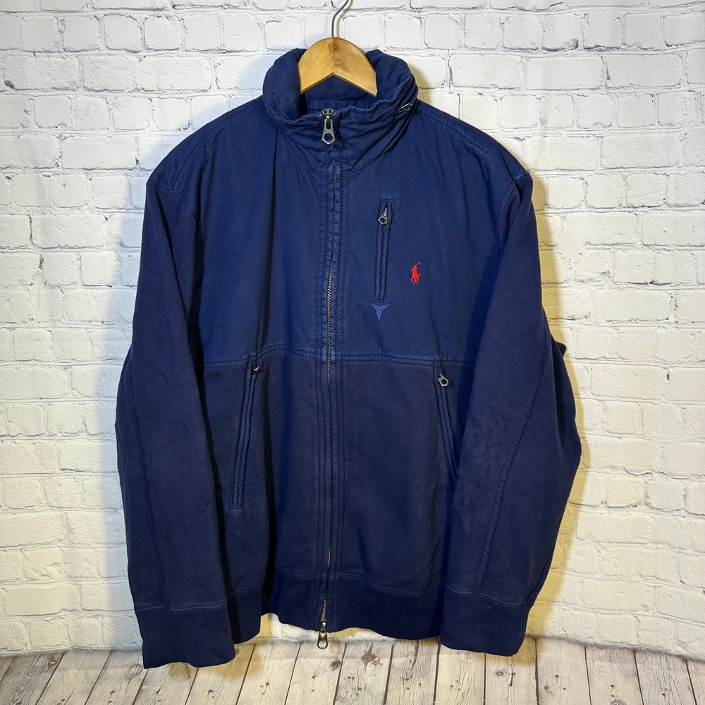 Polo Ralph Lauren Mens Navy Blue Full Zip Jacket XL Mixed‎ Media Stowaway Hood